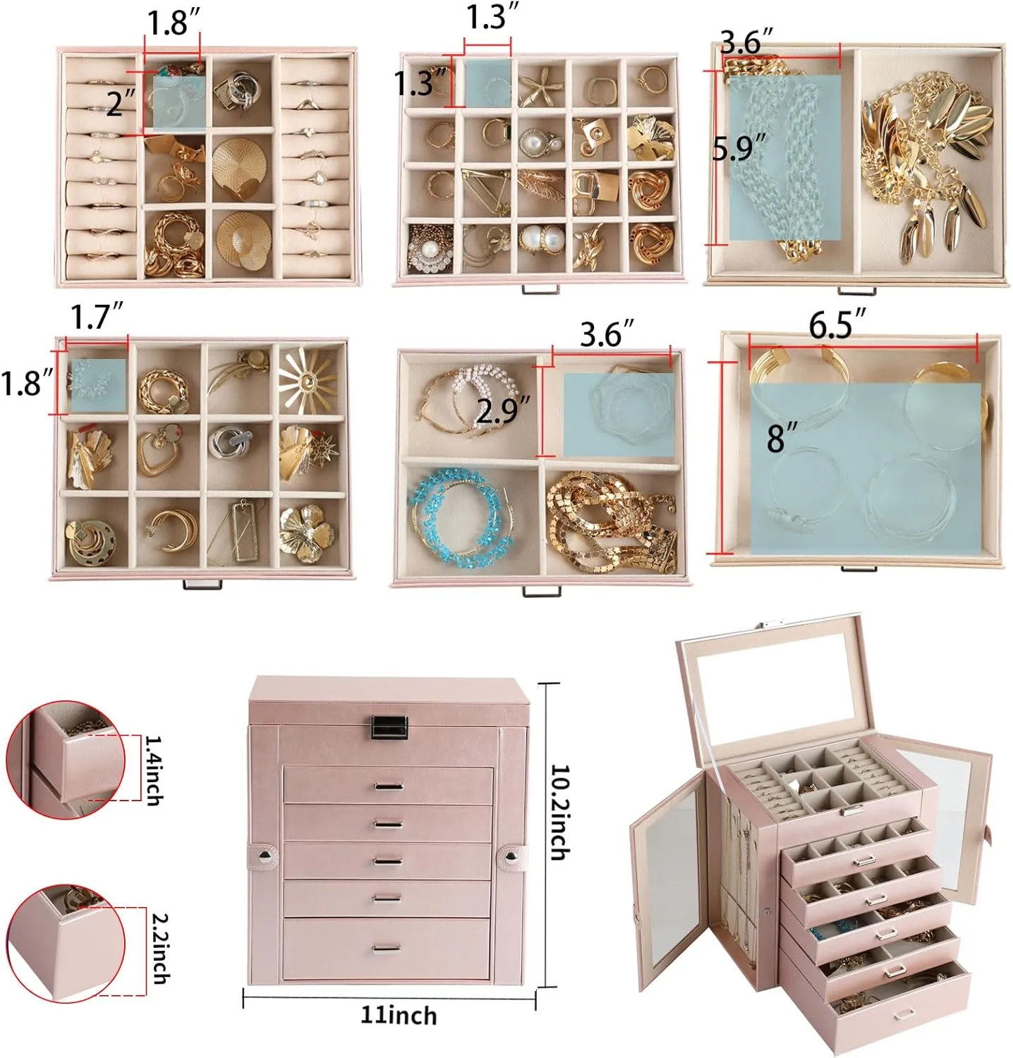 6 Layer Large Jewelry Boxes With MirrorMultifunctional 5 Drawers Jewelry Box Organizer with 2 Glass Door for Necklace Organizing (Rose Gold)