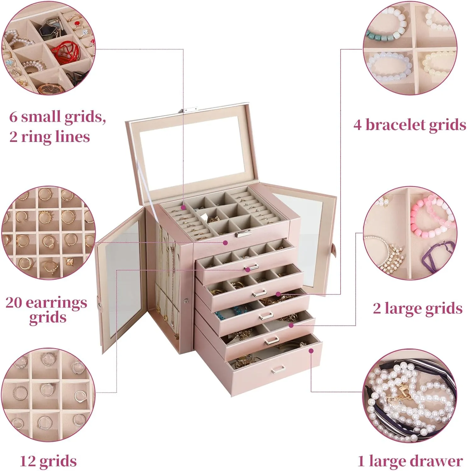 6 Layer Large Jewelry Boxes With MirrorMultifunctional 5 Drawers Jewelry Box Organizer with 2 Glass Door for Necklace Organizing (Rose Gold)