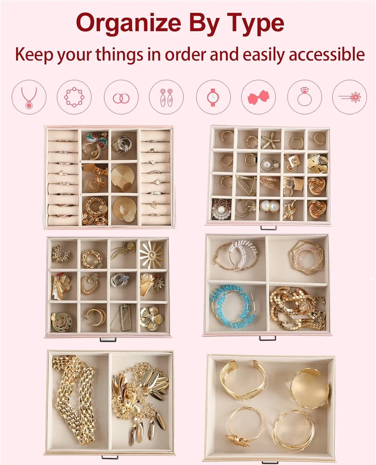 6 Layer Large Jewelry Boxes With MirrorMultifunctional 5 Drawers Jewelry Box Organizer with 2 Glass Door for Necklace Organizing (Rose Gold)