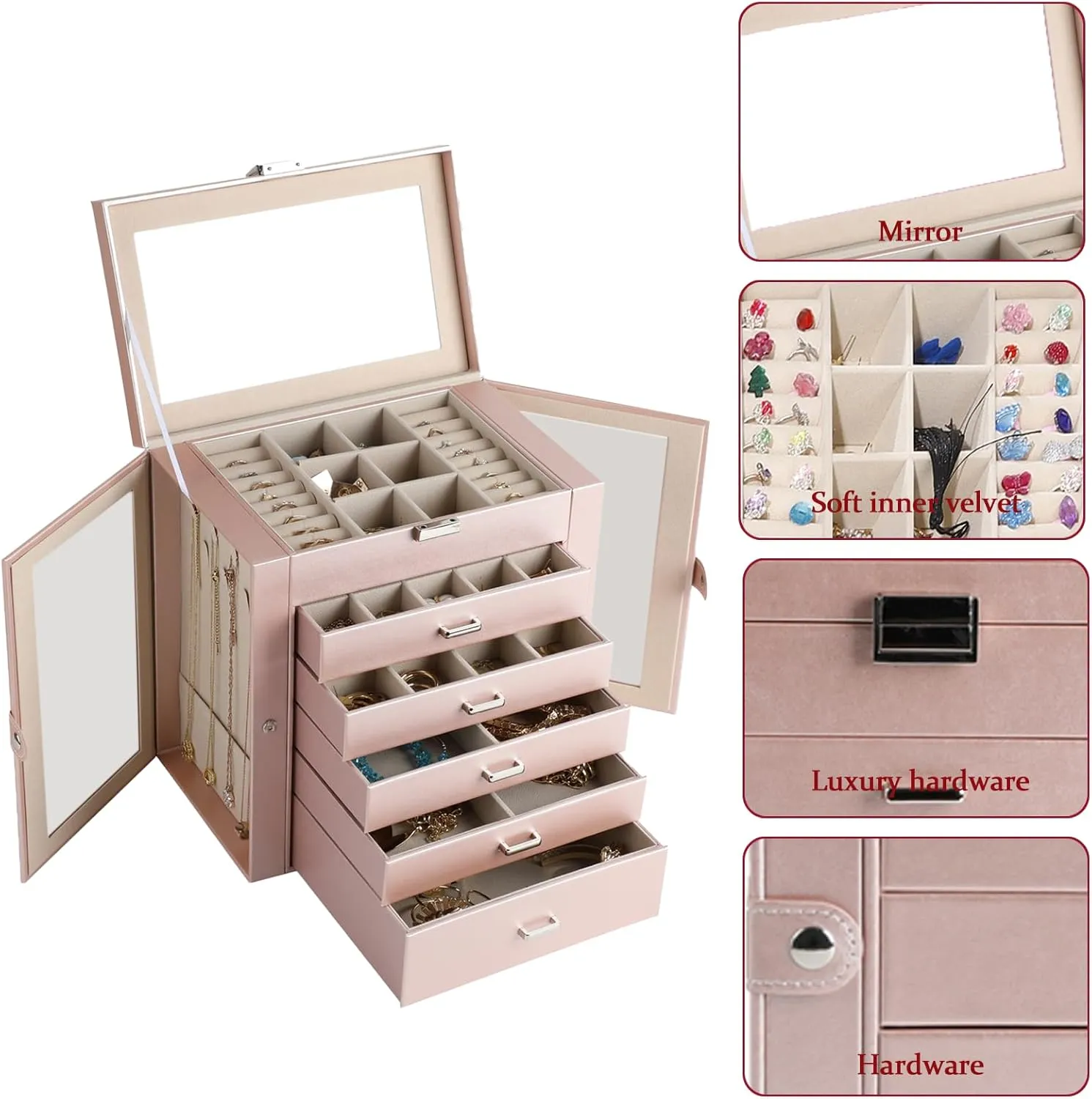 6 Layer Large Jewelry Boxes With MirrorMultifunctional 5 Drawers Jewelry Box Organizer with 2 Glass Door for Necklace Organizing (Rose Gold)