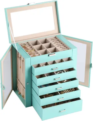 6 Layer Large Jewelry Boxes With MirrorMultifunctional 5 Drawers Jewelry Box Organizer with 2 Glass Door for Necklace Organizing (Turquoise)