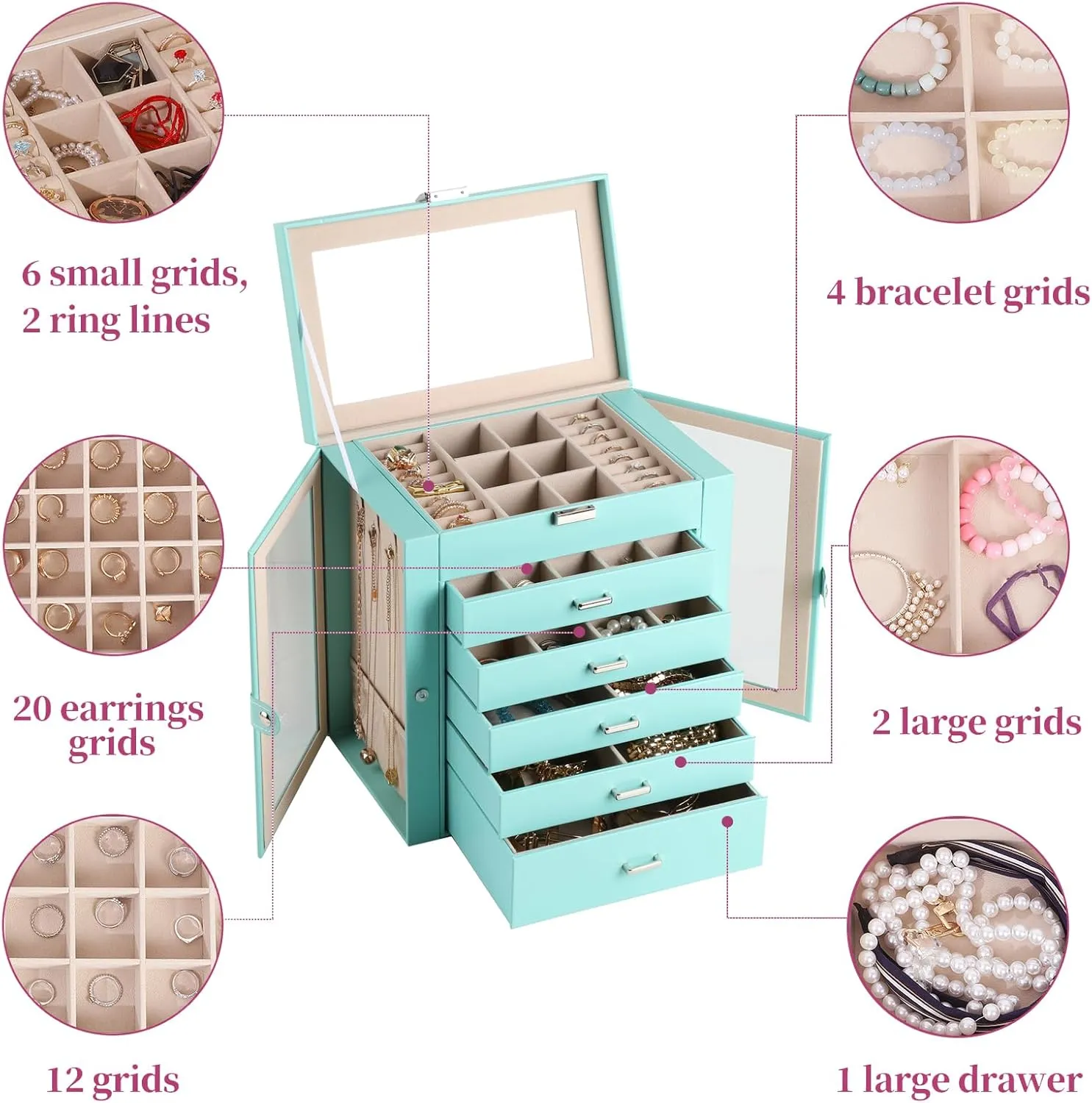 6 Layer Large Jewelry Boxes With MirrorMultifunctional 5 Drawers Jewelry Box Organizer with 2 Glass Door for Necklace Organizing (Turquoise)