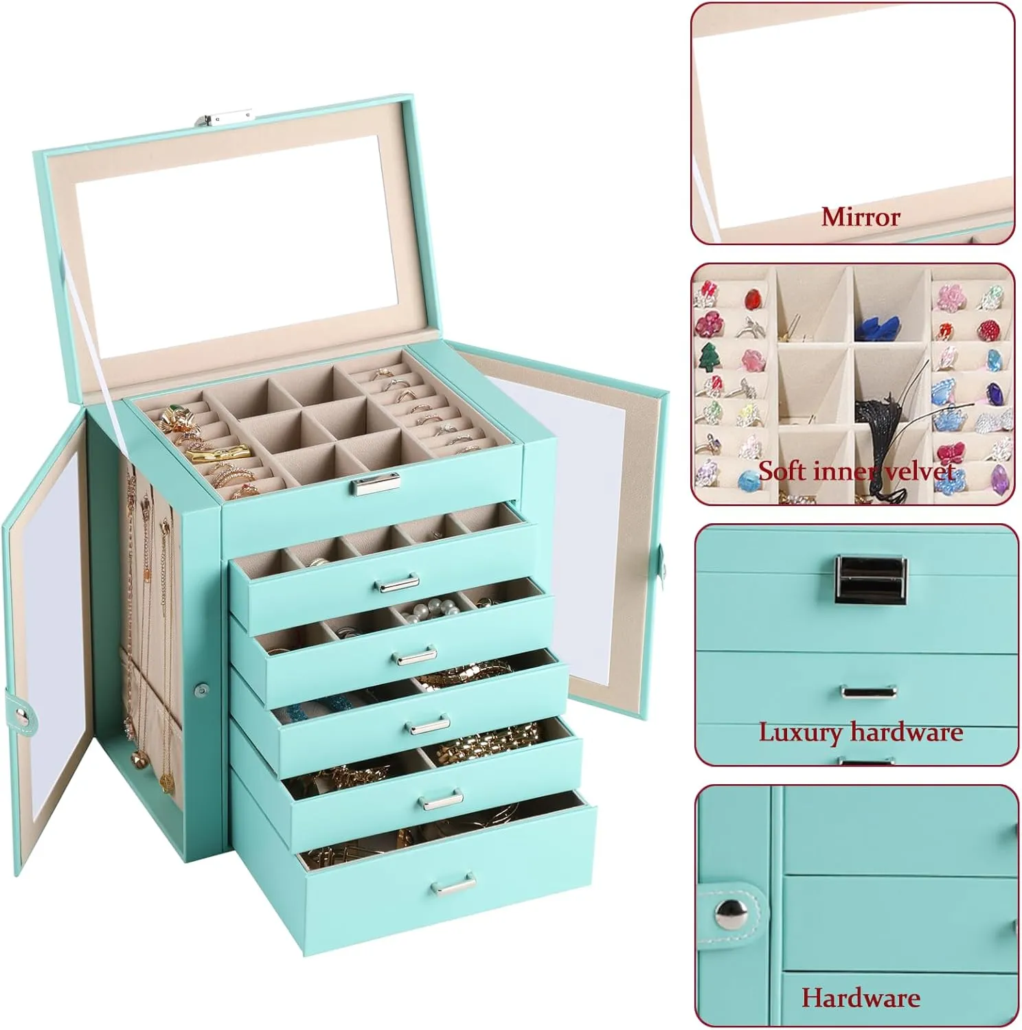 6 Layer Large Jewelry Boxes With MirrorMultifunctional 5 Drawers Jewelry Box Organizer with 2 Glass Door for Necklace Organizing (Turquoise)
