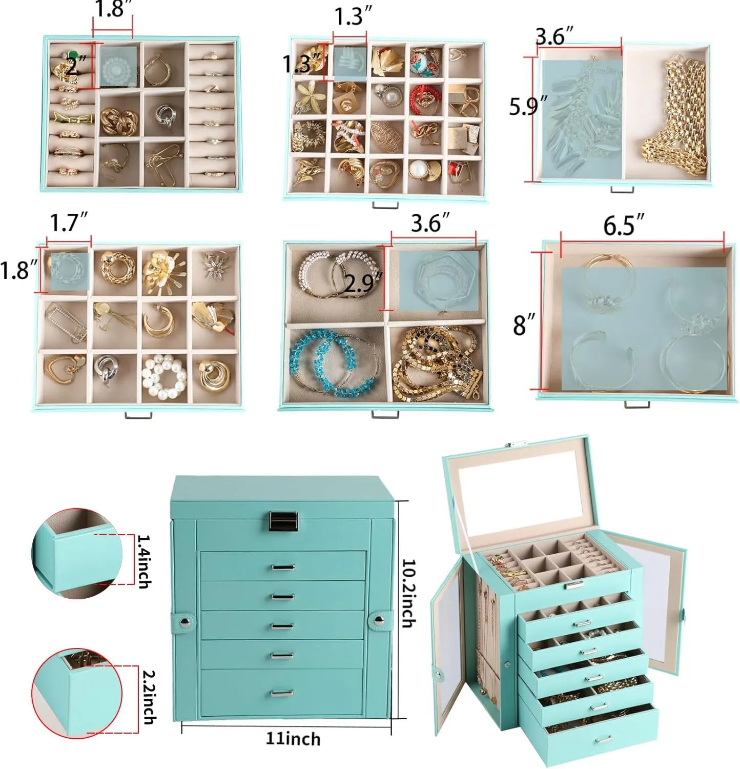 6 Layer Large Jewelry Boxes With MirrorMultifunctional 5 Drawers Jewelry Box Organizer with 2 Glass Door for Necklace Organizing (Turquoise)