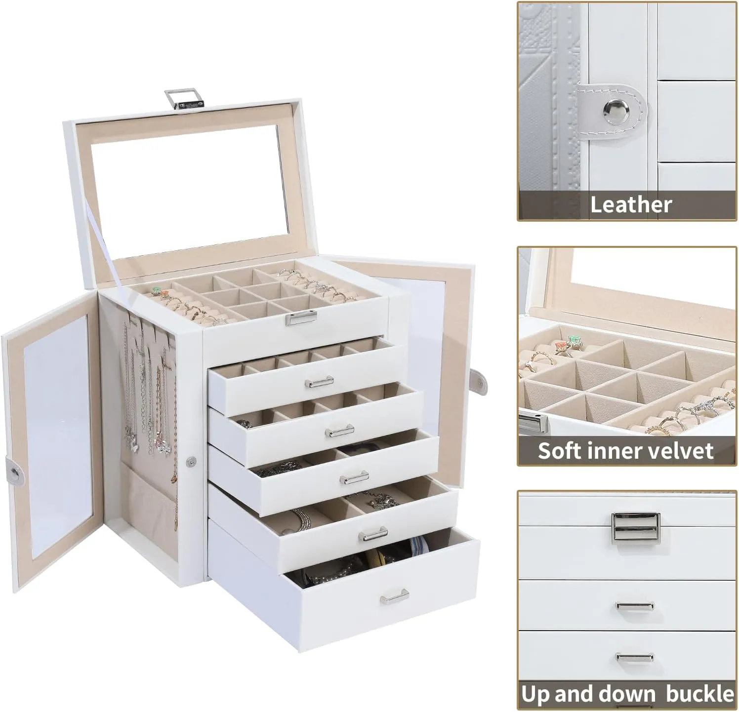 6 Layer Large Jewelry Boxes With MirrorMultifunctional 5 Drawers Jewelry Box Organizer with 2 Glass Door for Necklace Organizing (White)