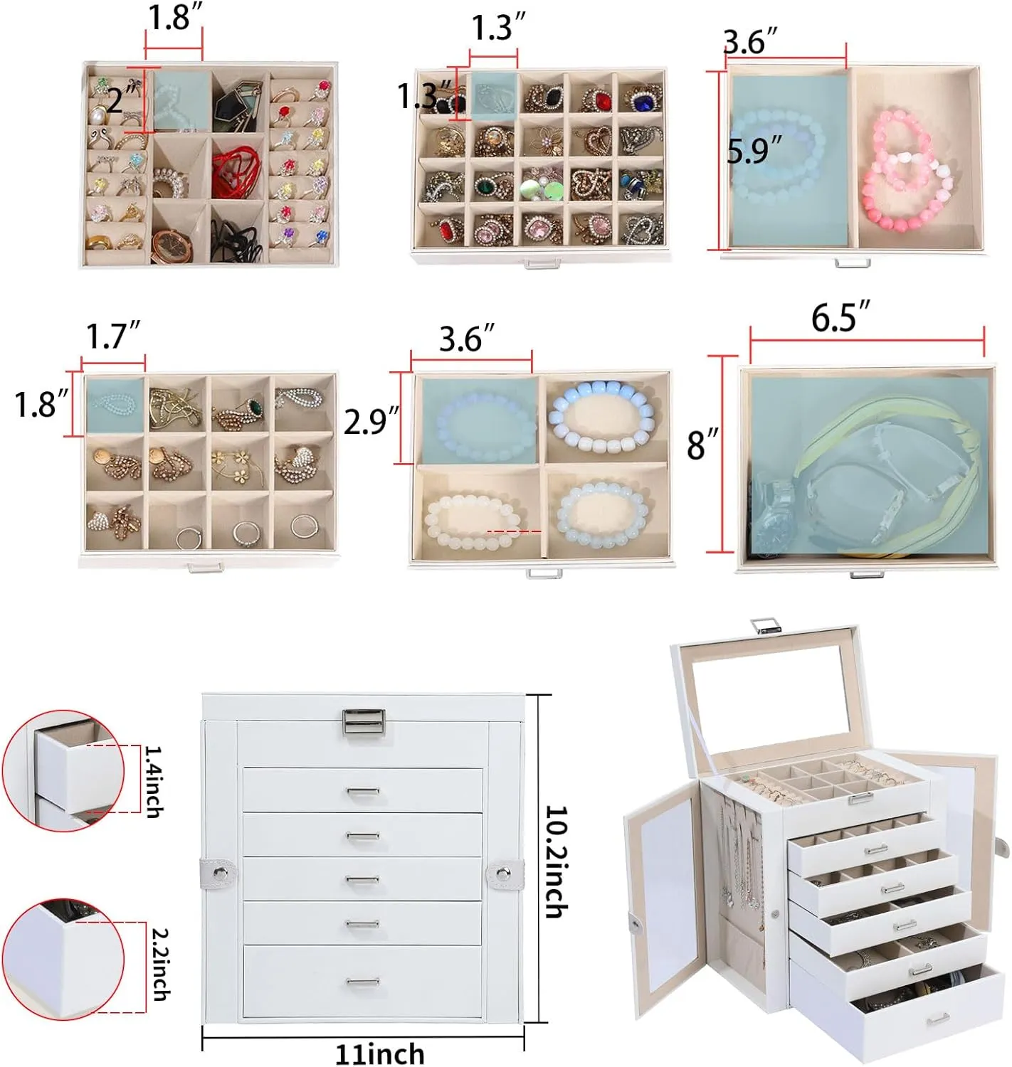 6 Layer Large Jewelry Boxes With MirrorMultifunctional 5 Drawers Jewelry Box Organizer with 2 Glass Door for Necklace Organizing (White)