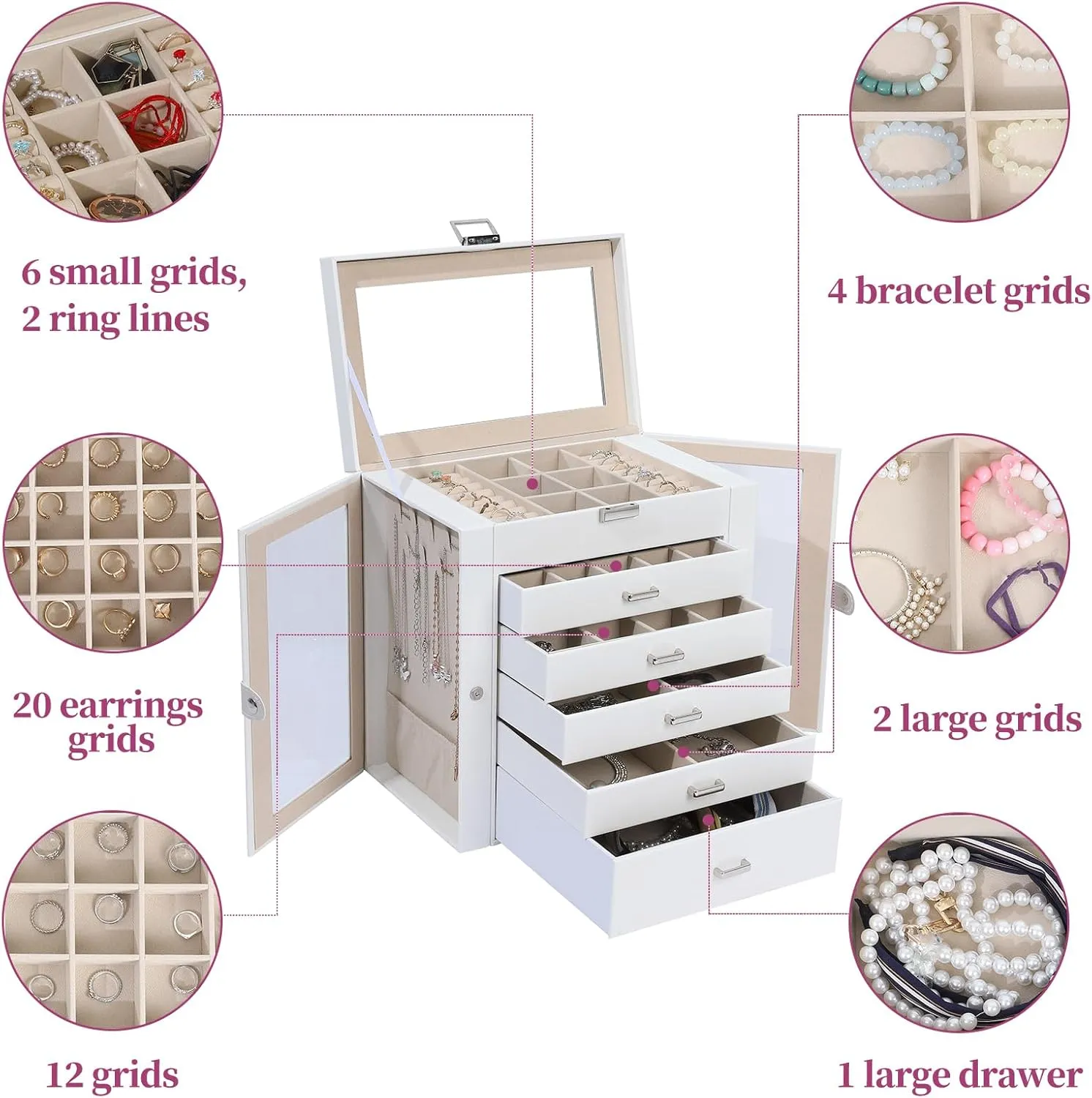 6 Layer Large Jewelry Boxes With MirrorMultifunctional 5 Drawers Jewelry Box Organizer with 2 Glass Door for Necklace Organizing (White)
