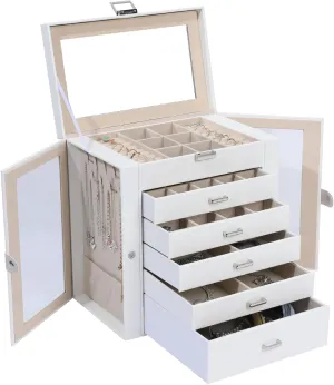 6 Layer Large Jewelry Boxes With MirrorMultifunctional 5 Drawers Jewelry Box Organizer with 2 Glass Door for Necklace Organizing (White)