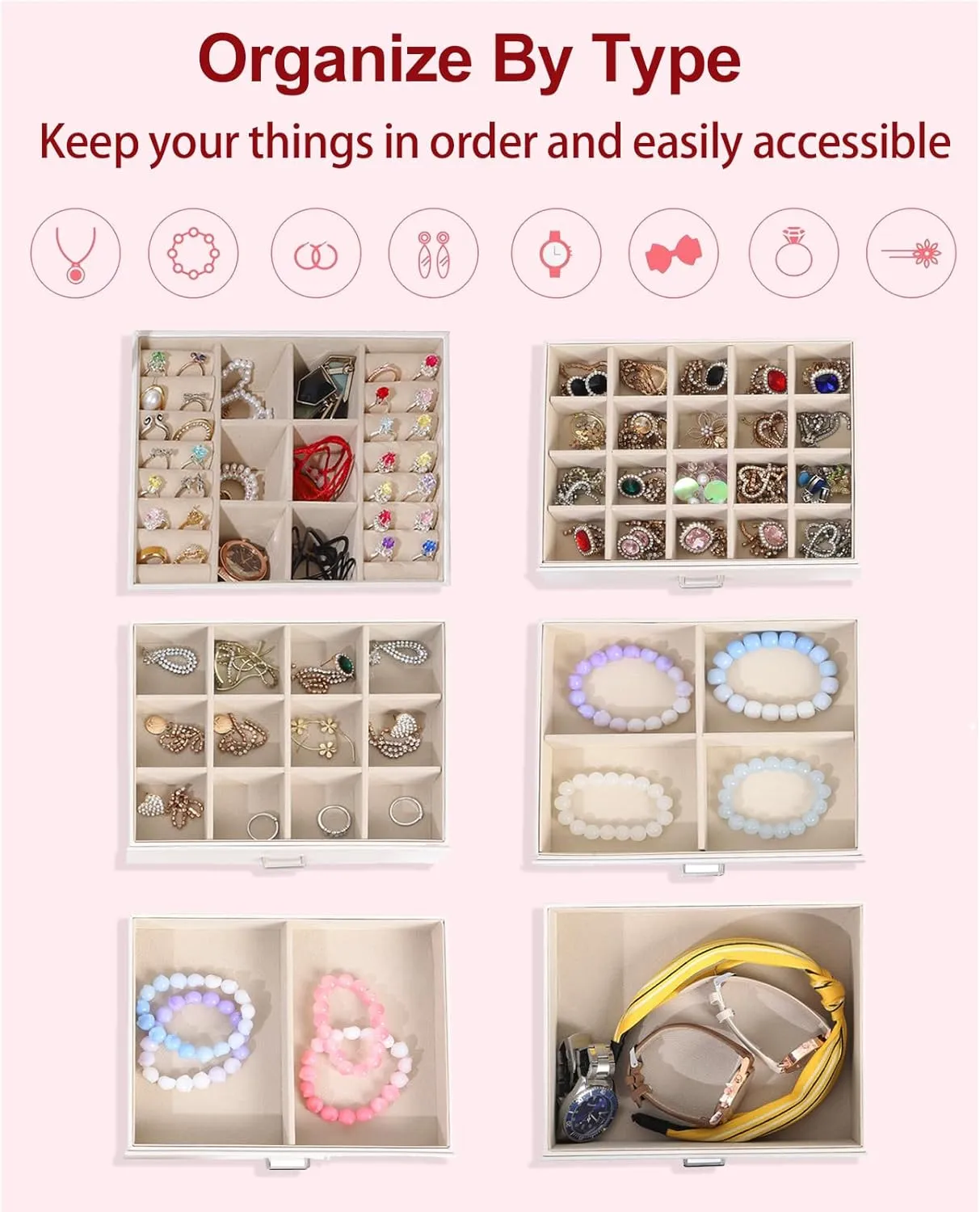 6 Layer Large Jewelry Boxes With MirrorMultifunctional 5 Drawers Jewelry Box Organizer with 2 Glass Door for Necklace Organizing (White)