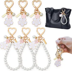 6 Pcs Flowers Pearl Keychains Cute Floral Wristband Keychain Charms Gold Elegant Key Chain Fashion Flower Beaded Car Key Pendant for Women Girls Handbag Backpack Purse Decorative Accessories