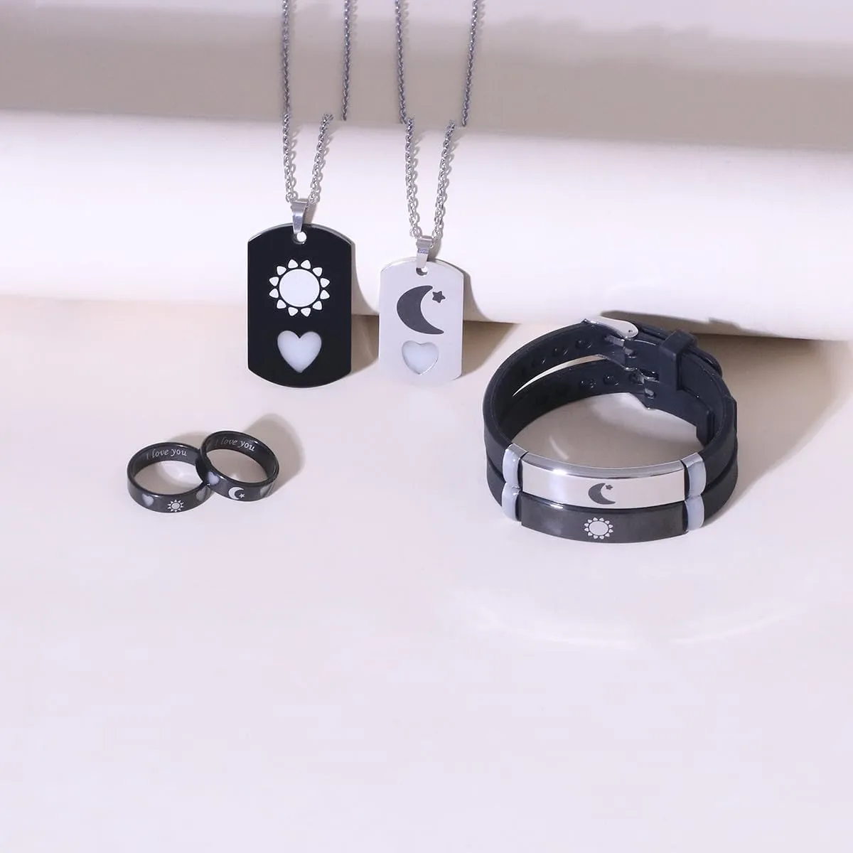6-Piece Set Glowing Heart Crown His King Her Queen Stainless Steel Couple Necklace Ring Fashion Love Gift
