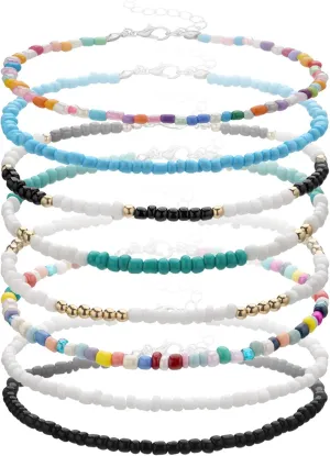 6~10pcs Colorful Flower Africa Beaded Anklets Set Ankle Bracelets Adjustable Foot Chain Handmade for Women Boho Bikini Summer Jewelry