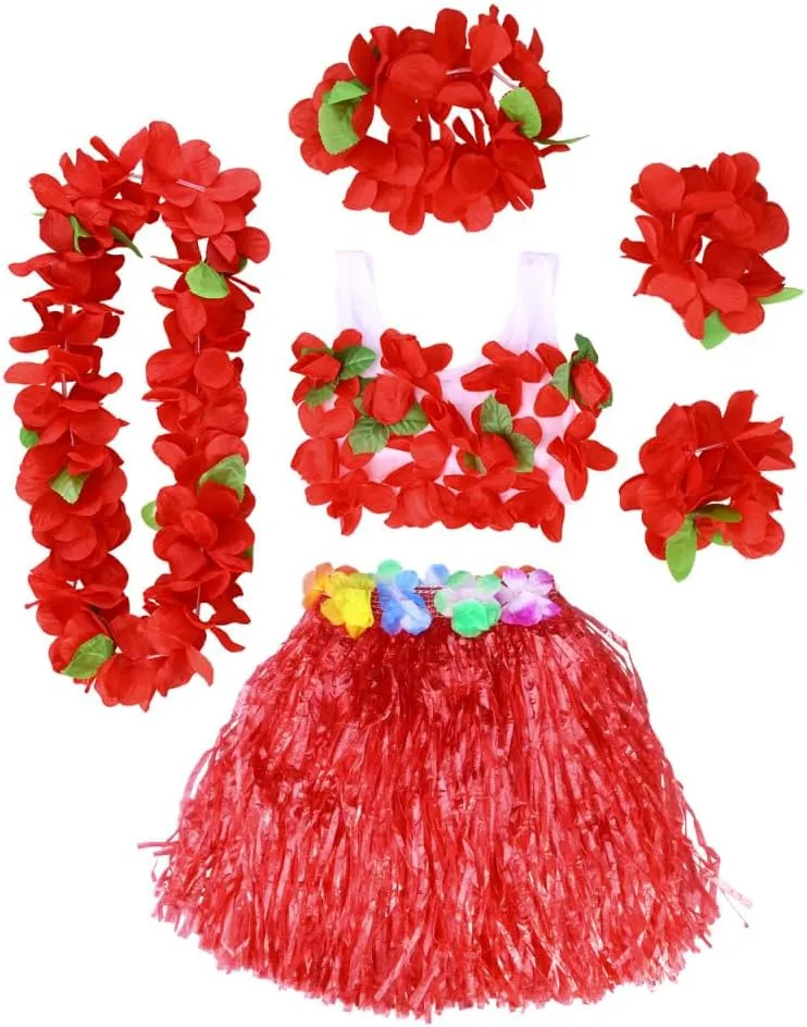 6pcs Hawaiian Party Wristbands Grass Skirt with Flower Tropical Hula Dance Skirt Flower Headband Hawaiian Party Necklace Tropical Hula Skirts Lace Kit Dress Banquet Beach