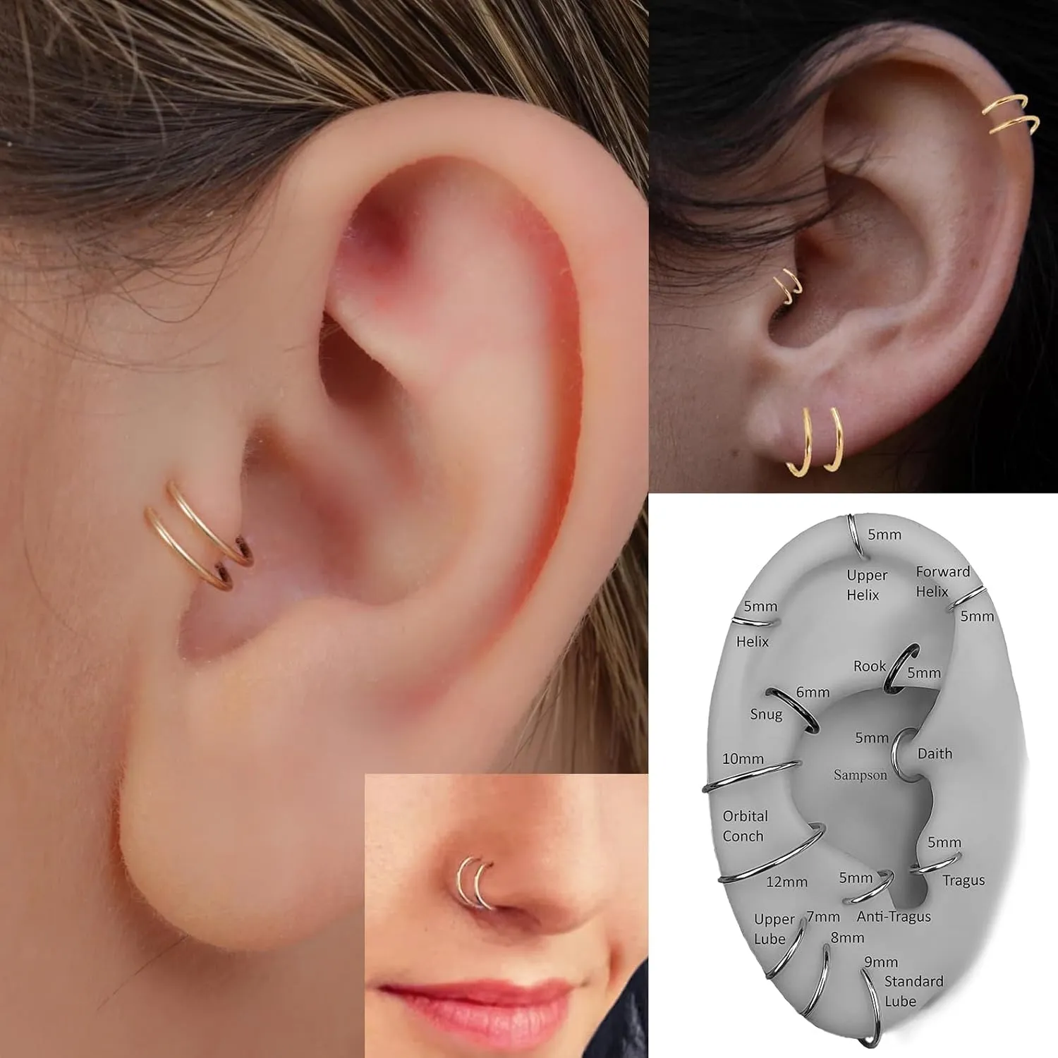7mm 22 GA 14K Gold Filled Double Nose Ring Hoop for Single Piercing Spiral Twist Nose Hoop for Women (14K Yellow Gold Filled | 22 GA, 7mm | Left Side)