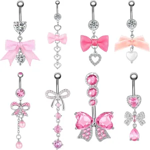 8 Pcs 14g Pink Bow Ribbon Belly Button Ring Rhinestone Bowknot Belly Button Ring Surgical Stainless Steel Bow Dangling Navel Piercing Jewelry for Women Silver Dainty Dangly Navel Jewelry