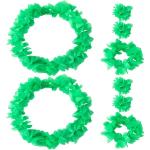 8pcs/2set Green Leis Hawaiian Headpiece Leis Flower Outfits Headband Necklace Bracelet Accessories for Women Adult Kid Festival Beach Pool Luau Party Favors Supplies Decoration