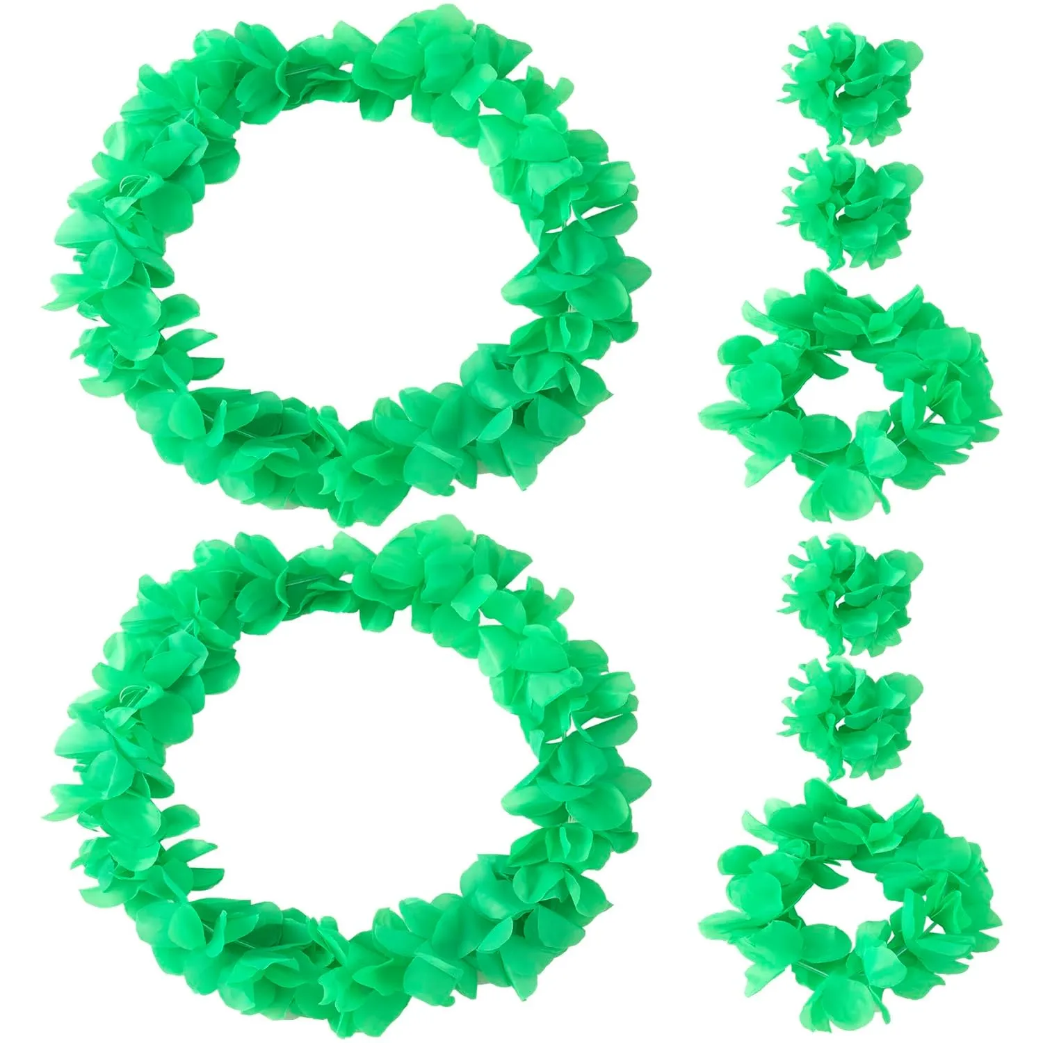 8pcs/2set Green Leis Hawaiian Headpiece Leis Flower Outfits Headband Necklace Bracelet Accessories for Women Adult Kid Festival Beach Pool Luau Party Favors Supplies Decoration