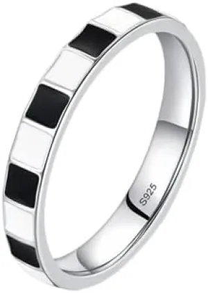 925 Sterling Silver Black and White Enamel Trendy Ring for Women Unique Design Rings Fine Jewelry Party Vacation Gift