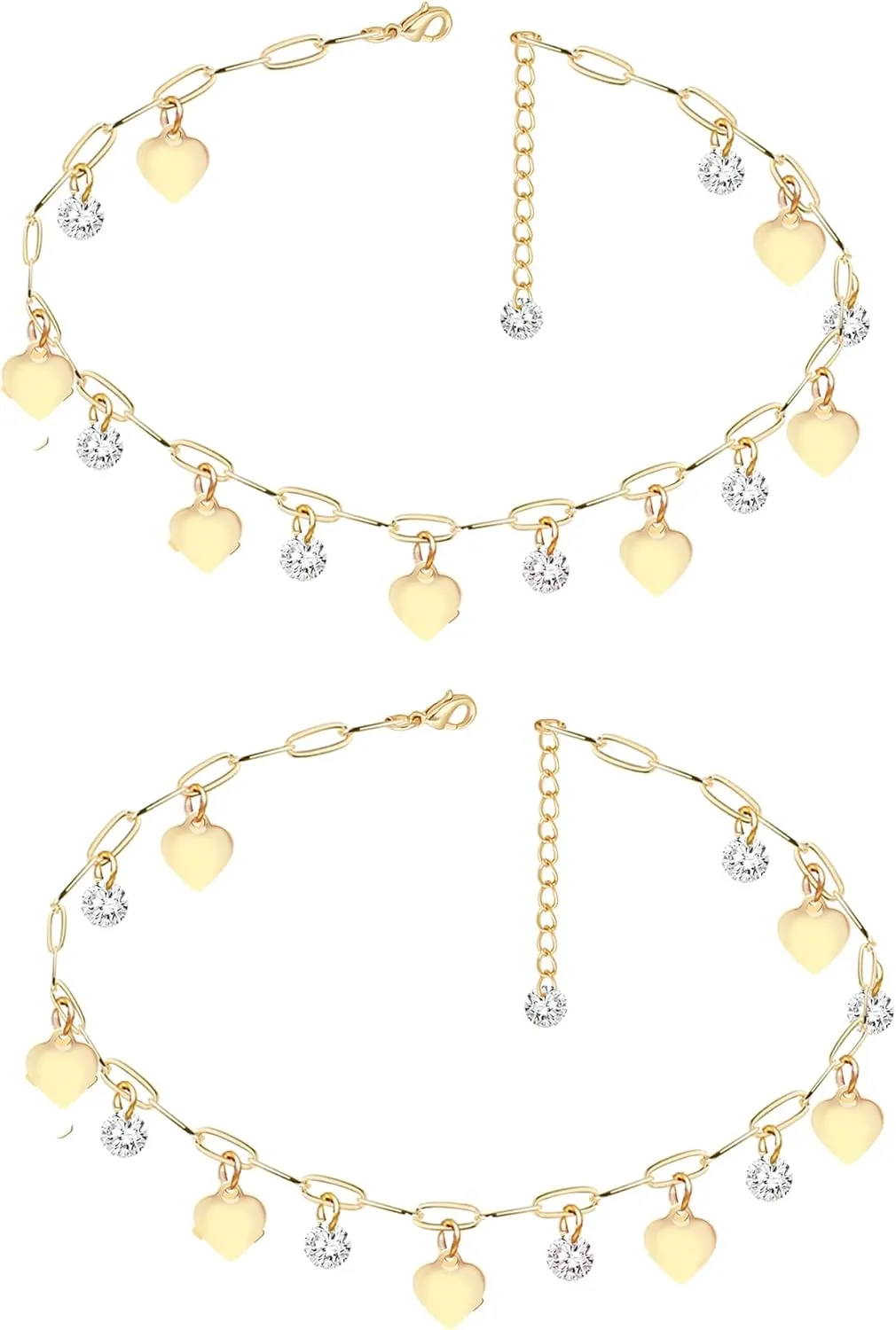 A Pair 14k Gold Plated Dainty Delicate Cubic Zirconia Gemstone Star Heart Ankle Bracelet for Women, Set of 2