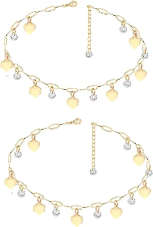 A Pair 14k Gold Plated Dainty Delicate Cubic Zirconia Gemstone Star Heart Ankle Bracelet for Women, Set of 2