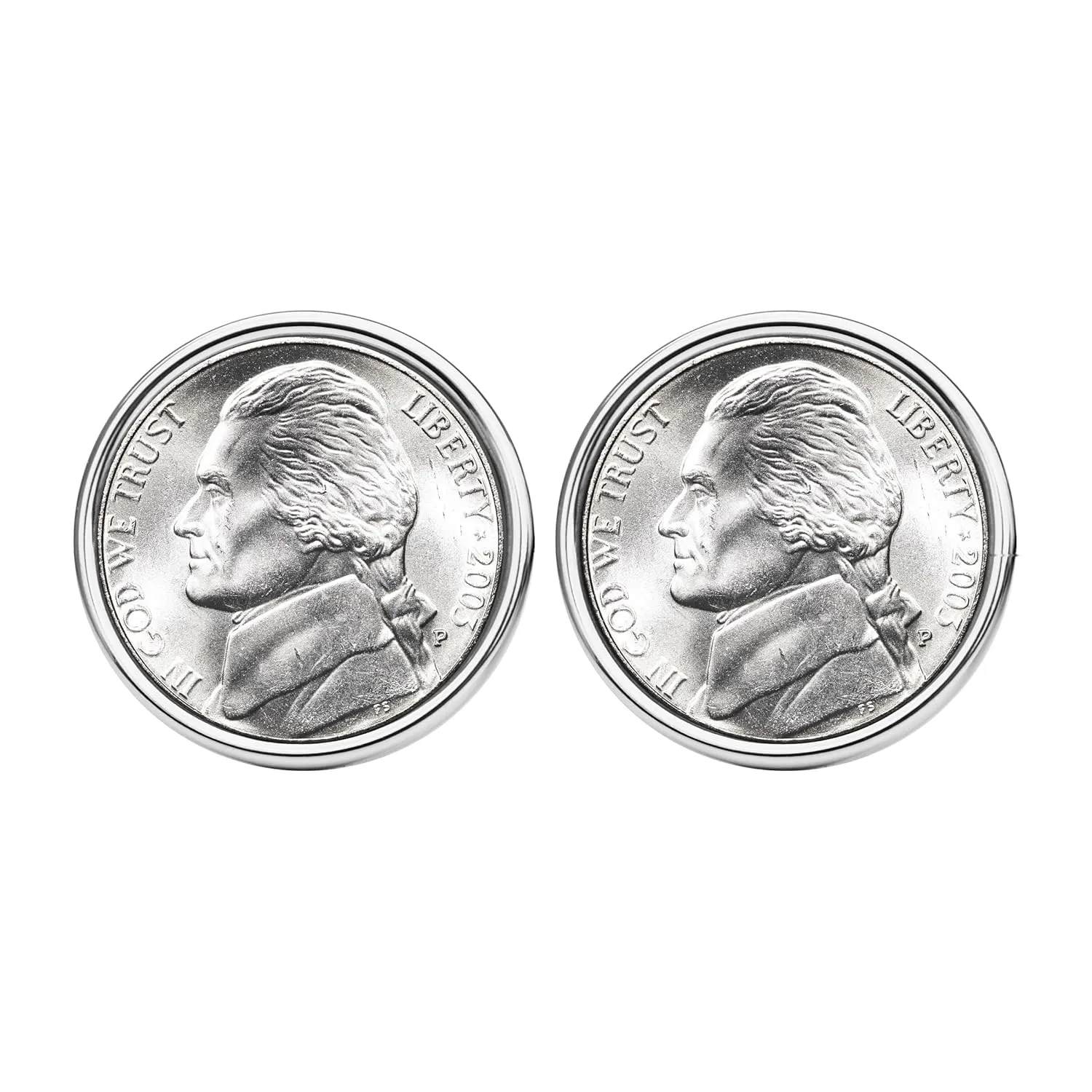 A Pair of US 2003 Jefferson Nickel 5 Cent BU Uncirculated Coin Silver Plated Cufflinks NEW