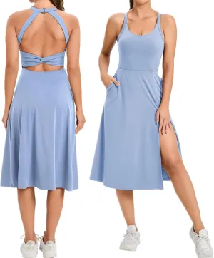 ABOCIW Women Tennis Dress with Built in Bra Backless Cut Out Twisted Side Pocket Split Athletic Midi Casual Dress