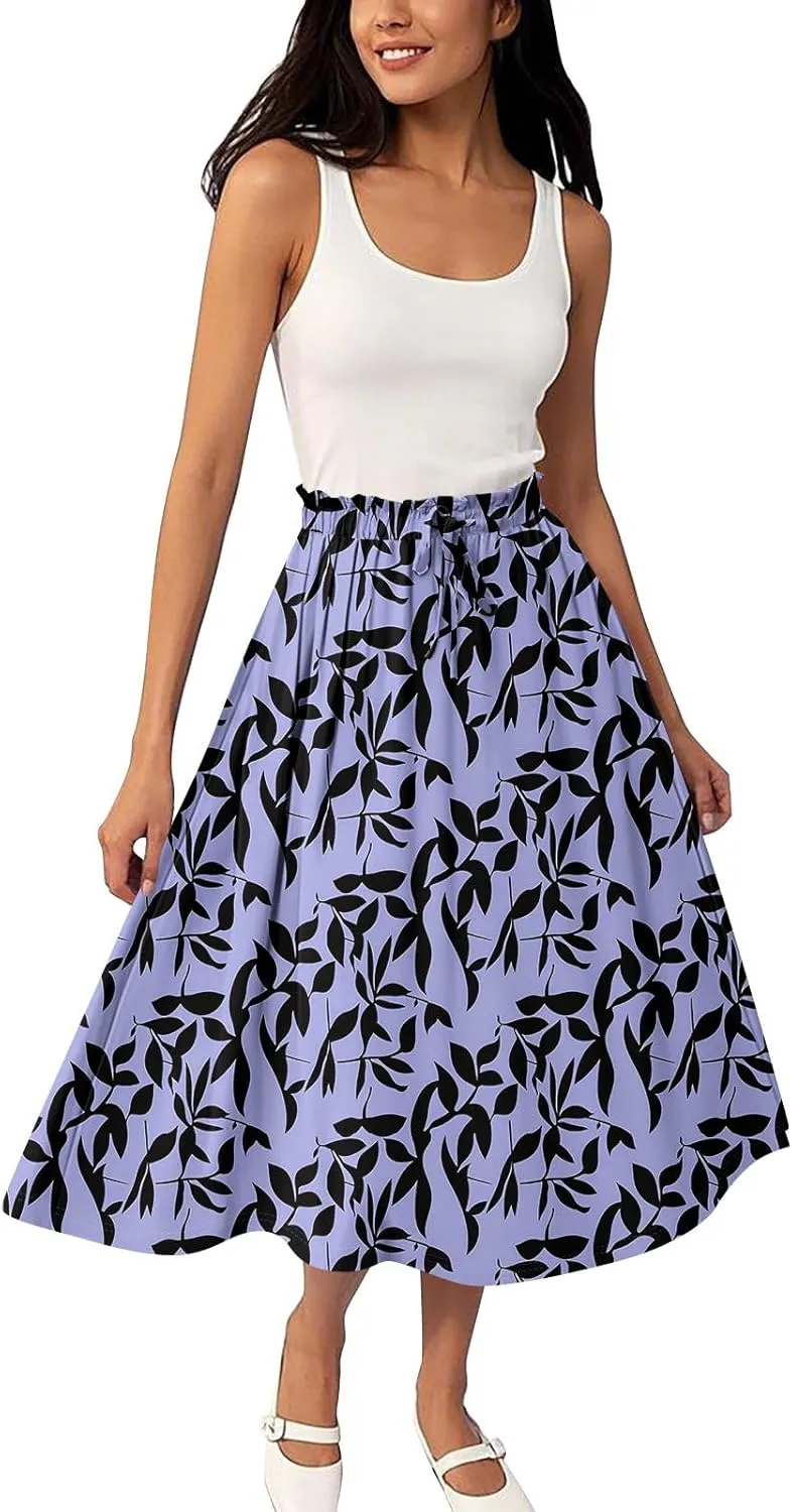 ADHOWBEW Womens Floral Maxi Skirt Summer Casual Smocked Sexy Elastic Waist Trendy Cotton Flowy Skirts