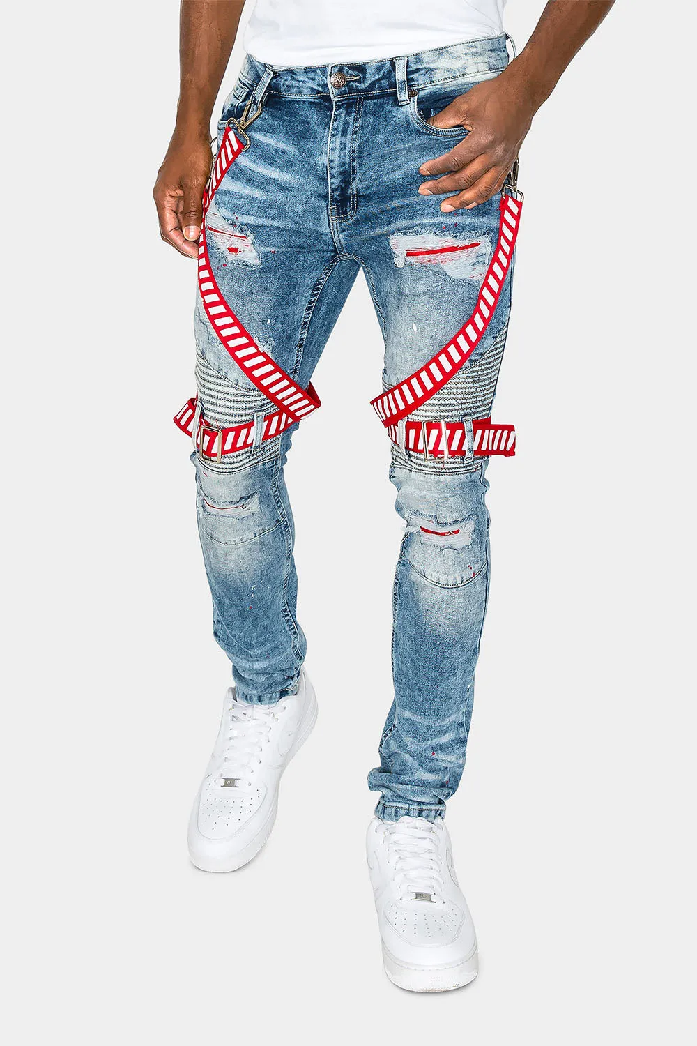 Adjustable Strap Harness Distressed Biker Jeans