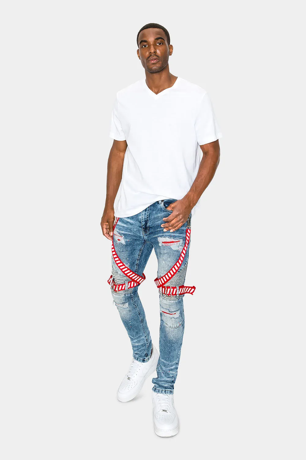 Adjustable Strap Harness Distressed Biker Jeans