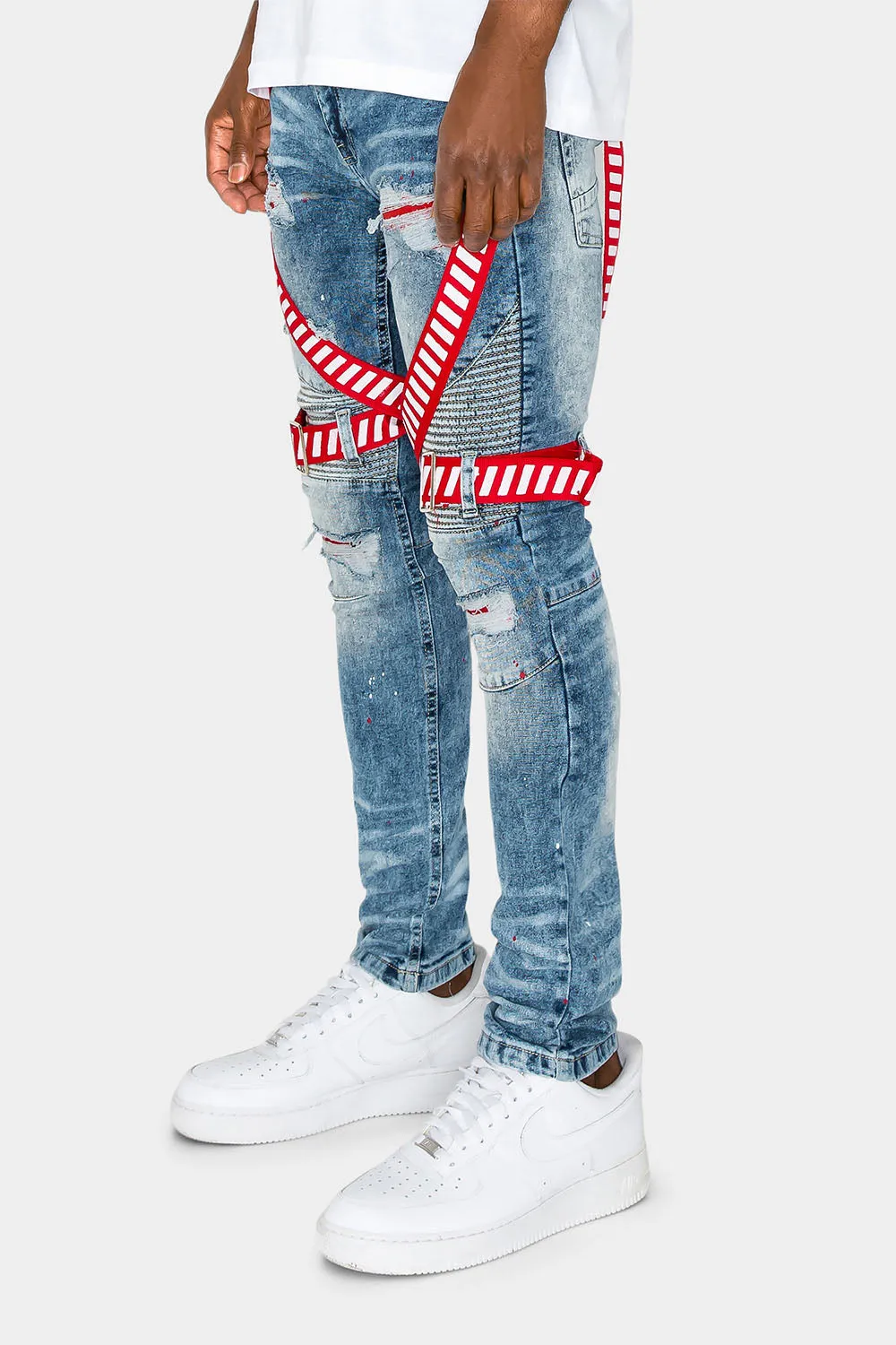 Adjustable Strap Harness Distressed Biker Jeans