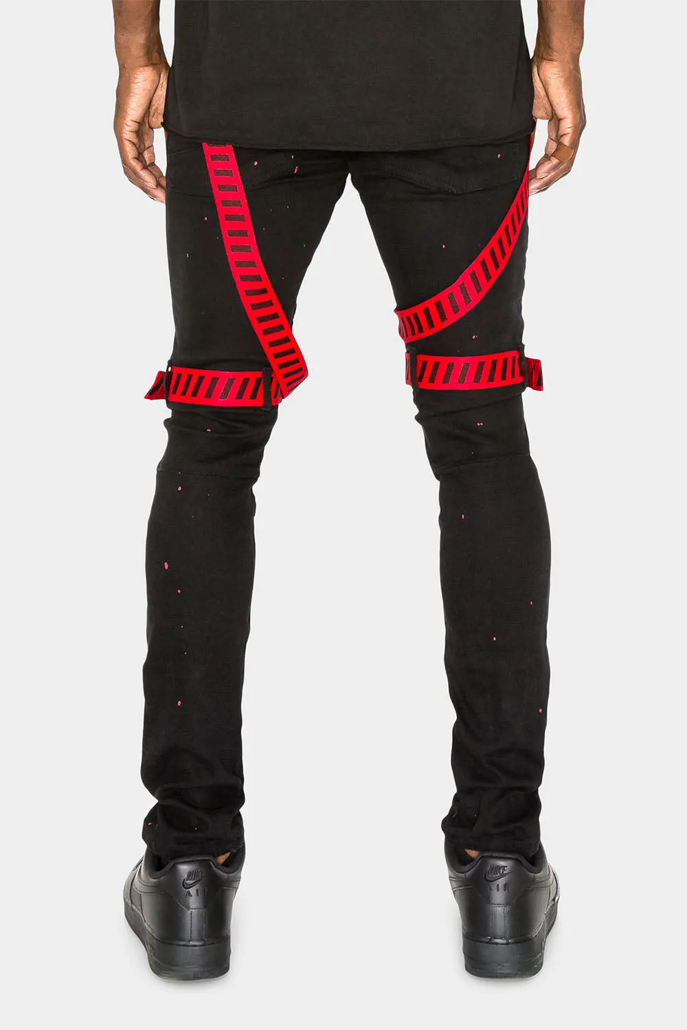 Adjustable Strap Harness Distressed Biker Jeans