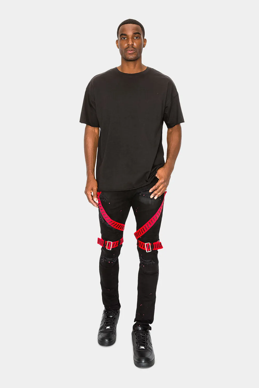 Adjustable Strap Harness Distressed Biker Jeans