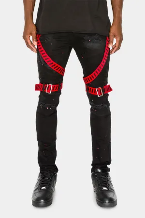 Adjustable Strap Harness Distressed Biker Jeans