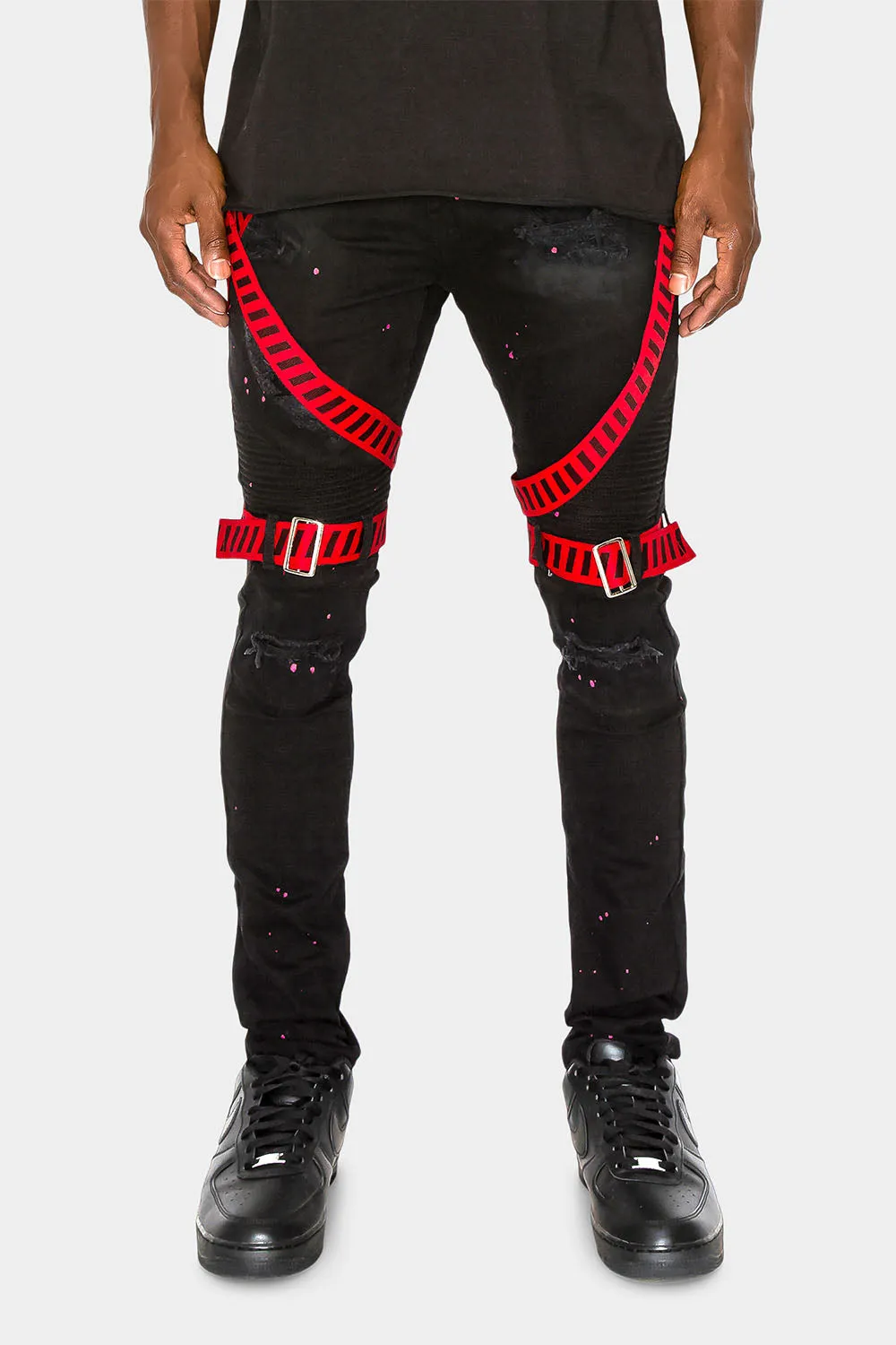 Adjustable Strap Harness Distressed Biker Jeans