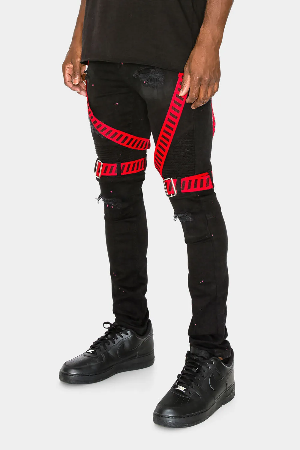 Adjustable Strap Harness Distressed Biker Jeans