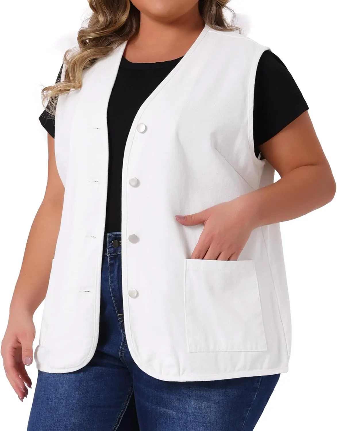 Agnes Orinda Plus Size Denim Vest Top for Women Button Down V Neck Waistcoat Sleeveless Jean Jacket Vests