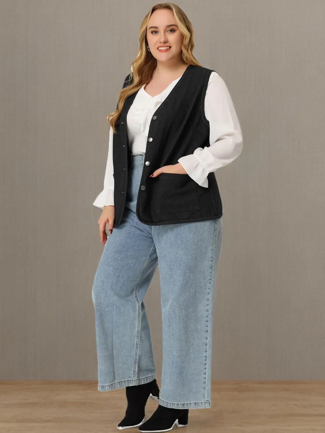 Agnes Orinda Plus Size Denim Vest Top for Women Button Down V Neck Waistcoat Sleeveless Jean Jacket Vests