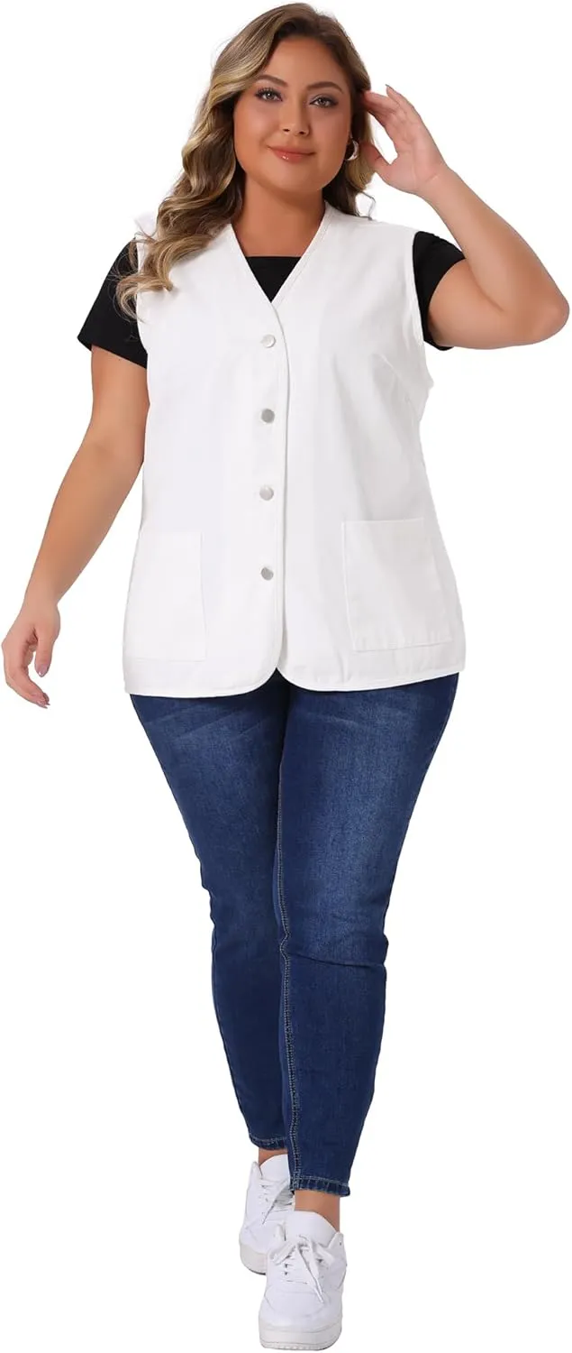 Agnes Orinda Plus Size Denim Vest Top for Women Button Down V Neck Waistcoat Sleeveless Jean Jacket Vests