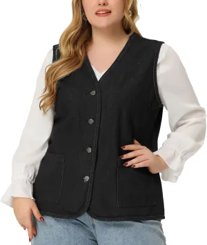 Agnes Orinda Plus Size Denim Vest Top for Women Button Down V Neck Waistcoat Sleeveless Jean Jacket Vests