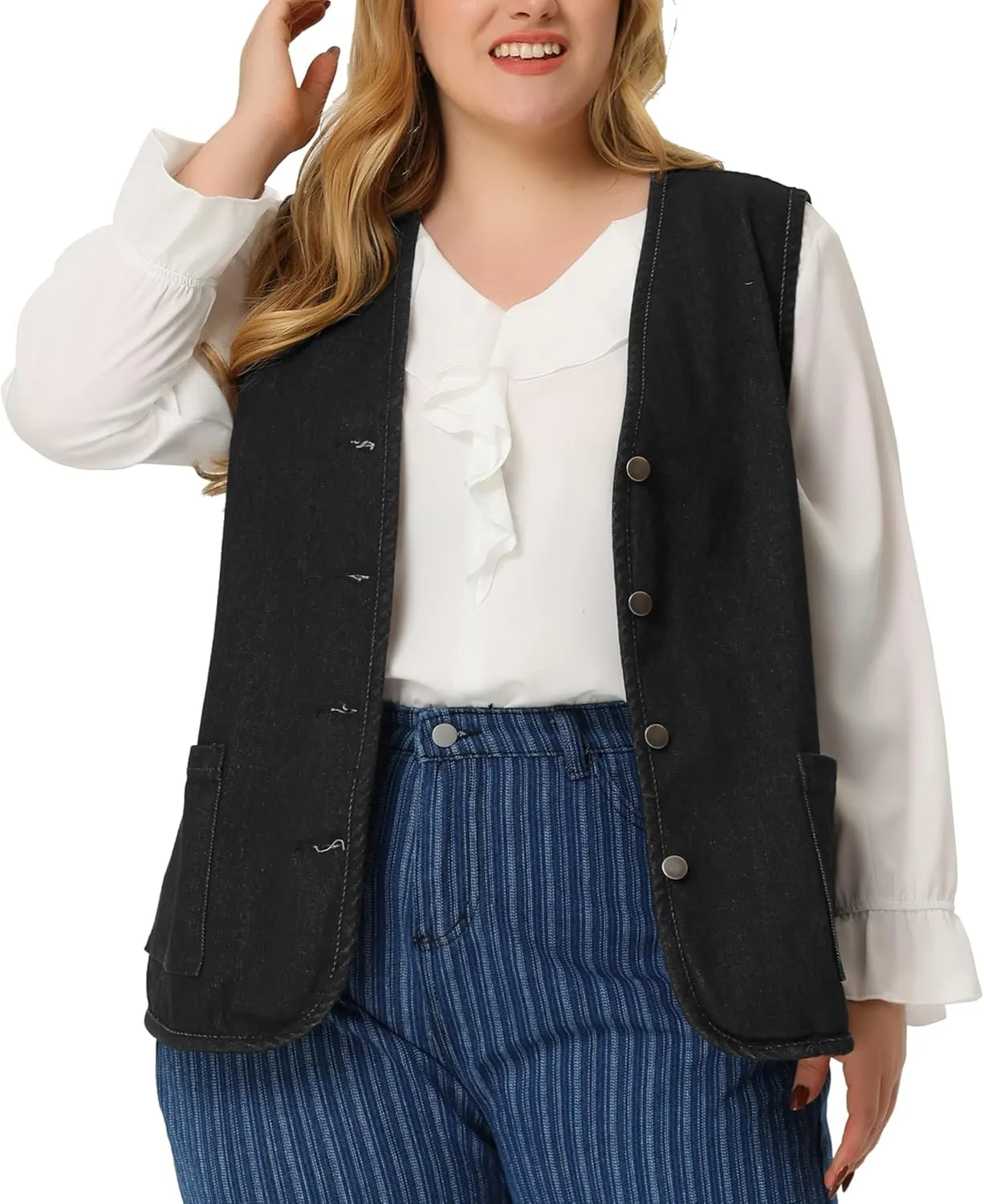 Agnes Orinda Plus Size Denim Vest Top for Women Button Down V Neck Waistcoat Sleeveless Jean Jacket Vests