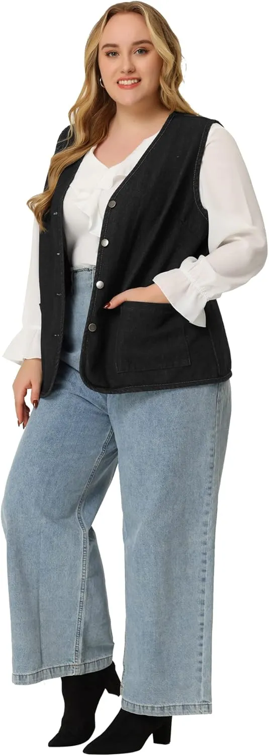 Agnes Orinda Plus Size Denim Vest Top for Women Button Down V Neck Waistcoat Sleeveless Jean Jacket Vests