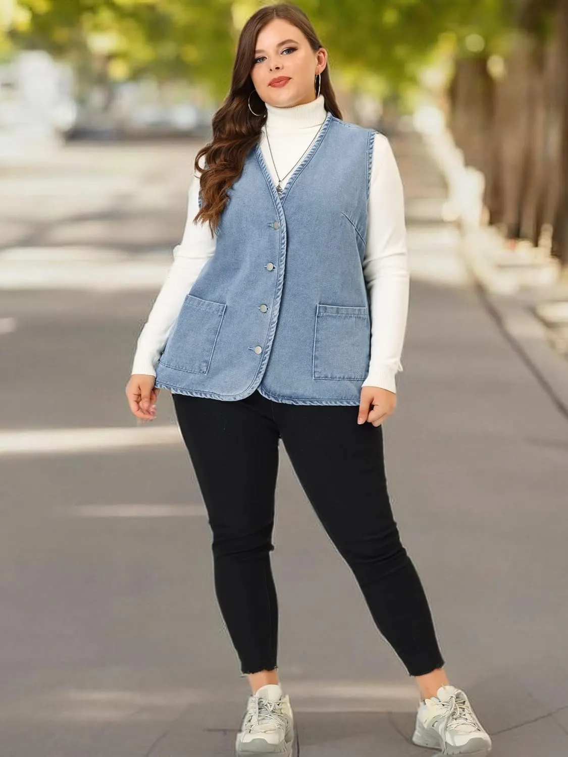 Agnes Orinda Plus Size Denim Vest Top for Women Button Down V Neck Waistcoat Sleeveless Jean Jacket Vests