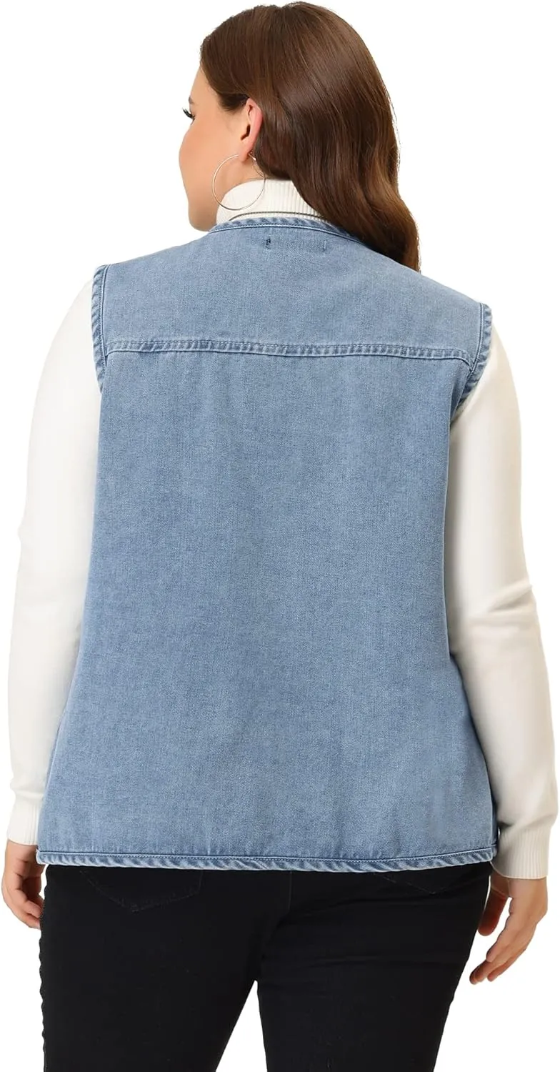 Agnes Orinda Plus Size Denim Vest Top for Women Button Down V Neck Waistcoat Sleeveless Jean Jacket Vests