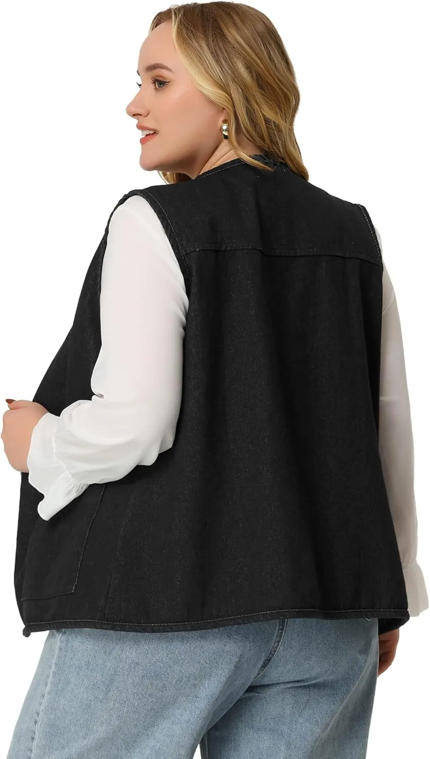 Agnes Orinda Plus Size Denim Vest Top for Women Button Down V Neck Waistcoat Sleeveless Jean Jacket Vests