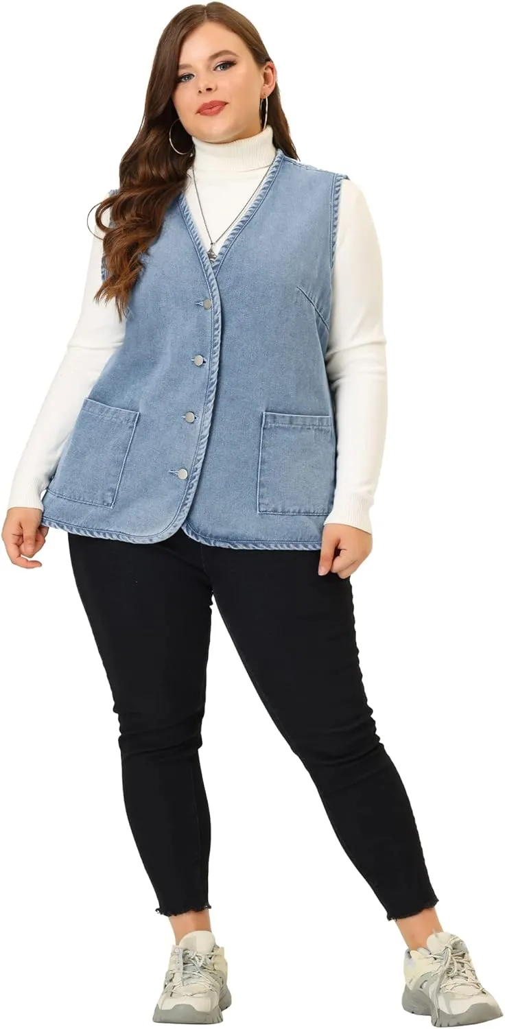 Agnes Orinda Plus Size Denim Vest Top for Women Button Down V Neck Waistcoat Sleeveless Jean Jacket Vests