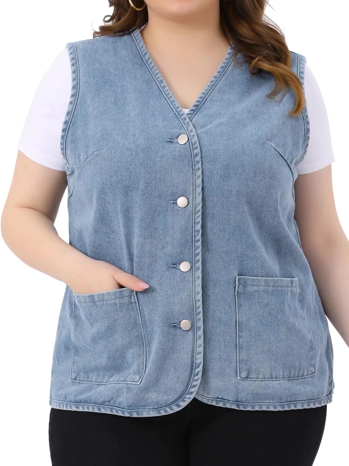 Agnes Orinda Plus Size Denim Vest Top for Women Button Down V Neck Waistcoat Sleeveless Jean Jacket Vests