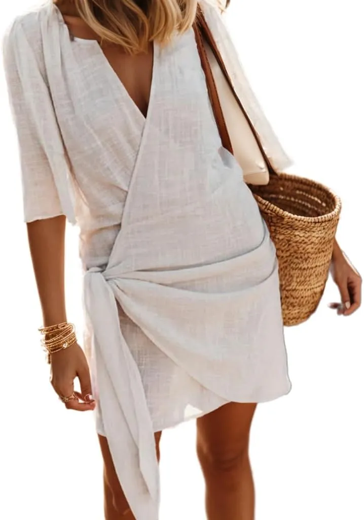Akivide Women's Summer Linen Wrap Self Tie Kimonos Mini Dress Elegant Short Sleeve V Neck Beach Vacation Cocktail Dress