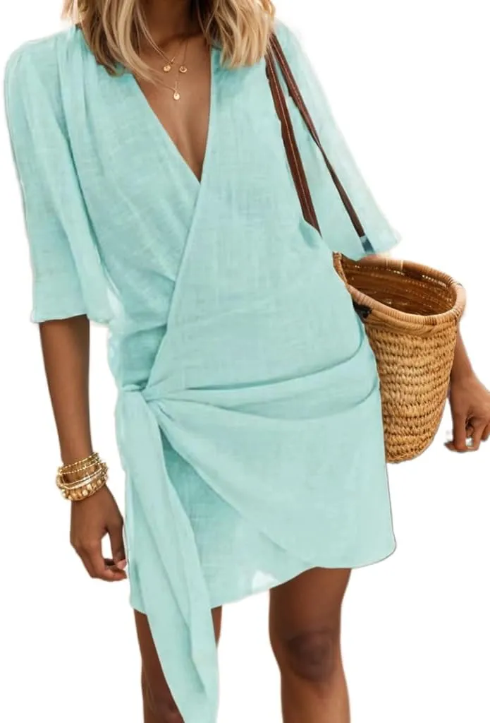 Akivide Women's Summer Linen Wrap Self Tie Kimonos Mini Dress Elegant Short Sleeve V Neck Beach Vacation Cocktail Dress