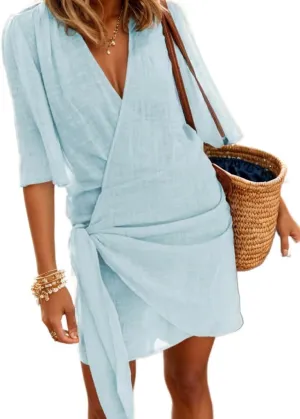 Akivide Women's Summer Linen Wrap Self Tie Kimonos Mini Dress Elegant Short Sleeve V Neck Beach Vacation Cocktail Dress