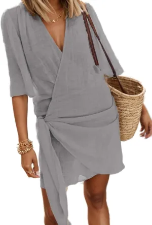 Akivide Women's Summer Linen Wrap Self Tie Kimonos Mini Dress Elegant Short Sleeve V Neck Beach Vacation Cocktail Dress